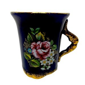 Alnis Crown Cobalt Blue Gold Trim Floral Mug Scalloped Painted Vtg Regal Elegant